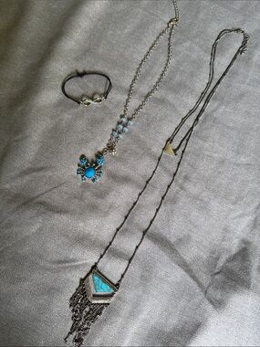 2 Necklaces and 1 Bracelet Turquoise Pendant Necklace - Blue Boho Layered Style